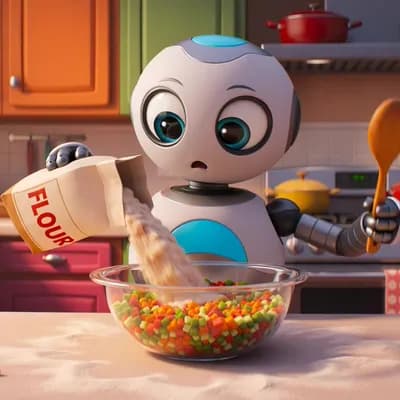 AI generated video: A cute 3D animated robot trying to cook in a messy kitchen. Pixar style, expressive eyes, vibrant co...