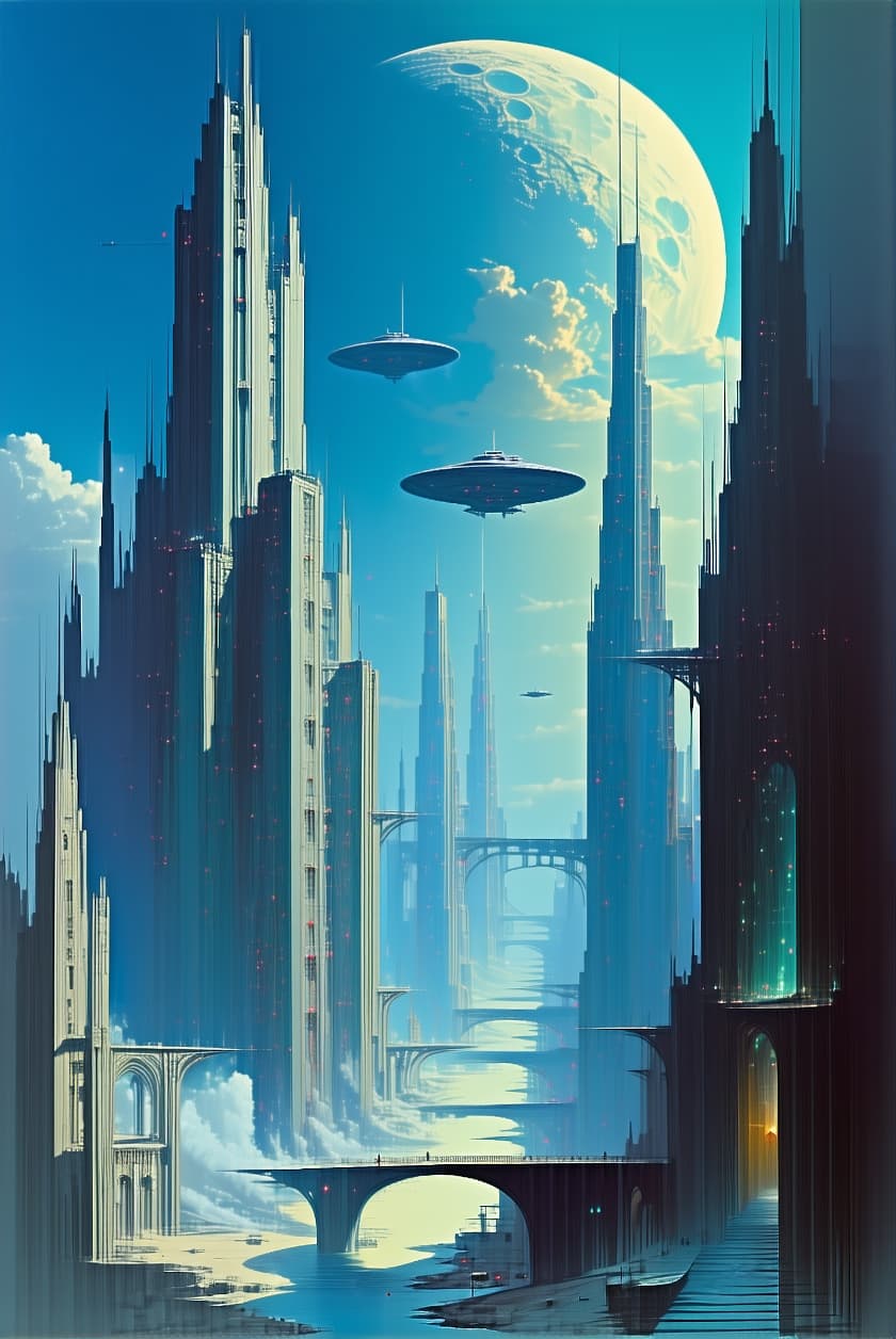AI generated: 'une ville futuriste avec de grands immeubles et des vaisseaux spatiaux dans le style de Zdzisław Be...