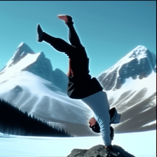 AI generated: monk doing backflip on top a mountain, vhs footage, lo-fi, snowy mountains background, found footage...