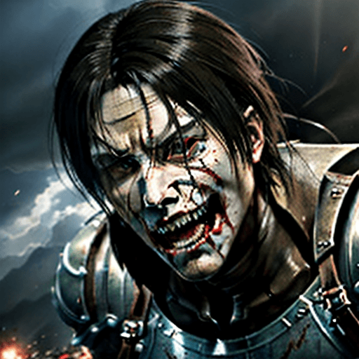 AI generated: masterpiece, cinematic scene, award winning, cinematic angle, Attack on titan, Levi versus armored T...