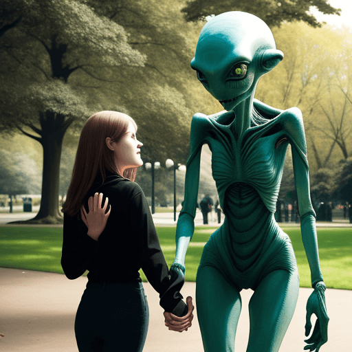 AI generated: a young woman and an alien hold hands in a park