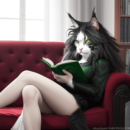 AI generated: black Maine Coon with green eyes, red lips, sitting on the white sofa, leg, reading a book, photo,  ...