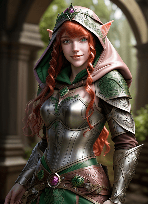 AI generated: ultra realistic ranger elf, hooded pink leather armor!!! long curly red hair!! bangs, green eyes! fa...