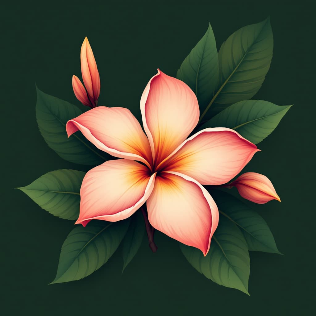 AI generated: a flat vector of one plumeria flower in abricot tones and over it you have the name 'manawu' in dark...