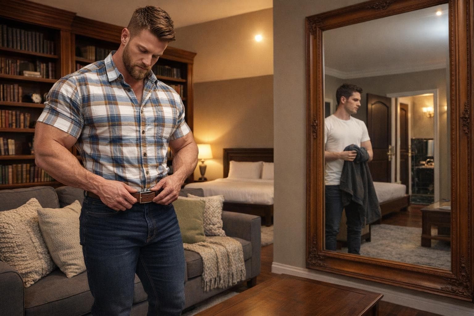 AI generated: The scene is in the bedroom around the couch.

The bodybuilder is getting dressed. The bodybuilder i...