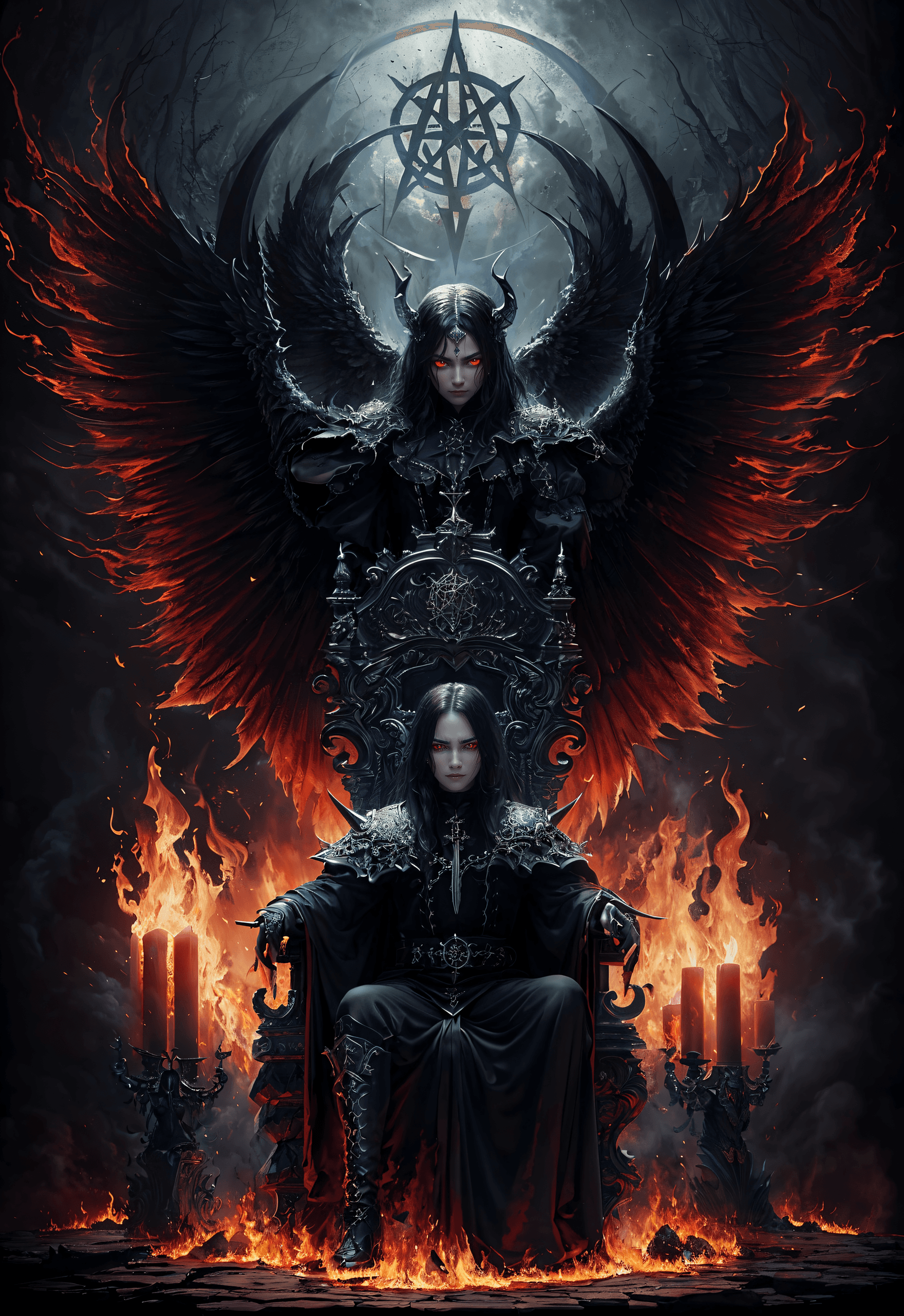 AI generated: (masterpiece, award winning, best quality:1.2) , Black metal album, where a demon in hell sits on a ...