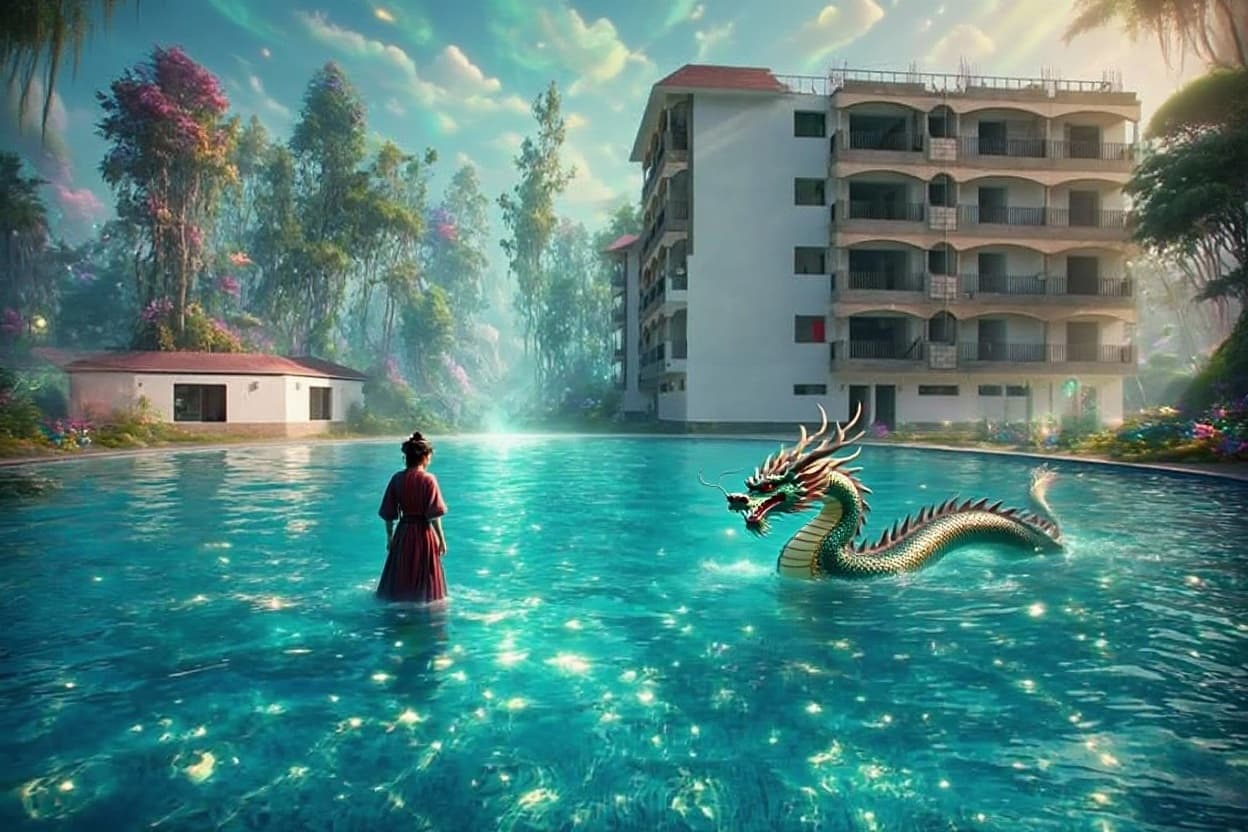 AI generated: a full wide photo shot of a person standing in the water next to a Chinese dragon, in the style of f...