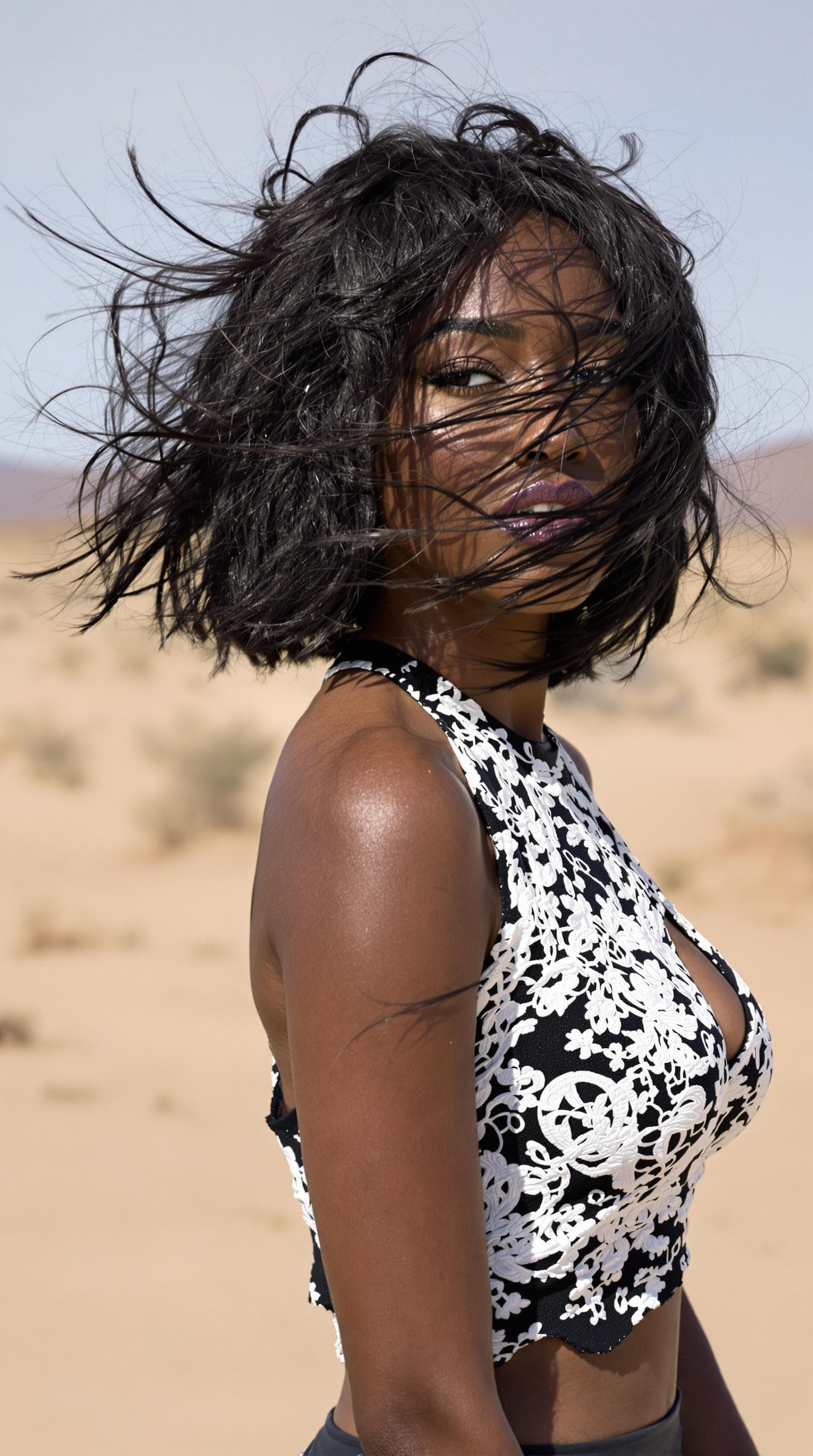 AI generated: hyperrealistic photo of an African American woman, black and white lace top outfit, desert backgroun...