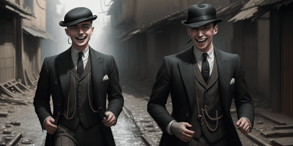 AI generated: photo of (TCr3ws:1), a man as a Peaky blinder, (laughing with bare teeth:1.3), (face focus), modelsh...