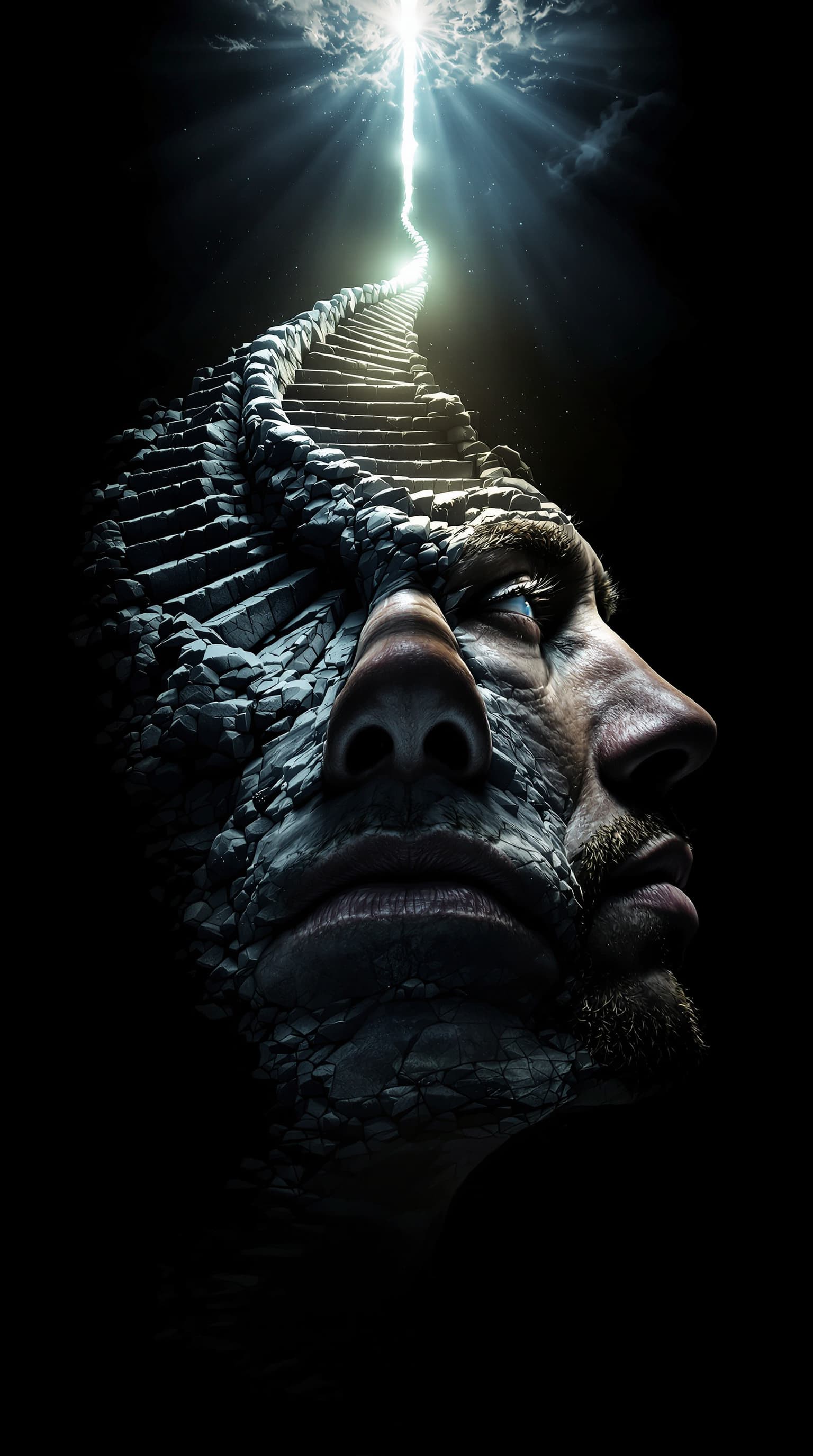 AI generated: realistic male face at a 3/4 turn view, the top of his head morphs into a spiral staircase that lead...