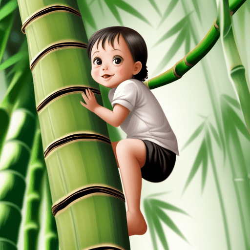 AI generated: mini paanda with cute face climb a bamboo tree