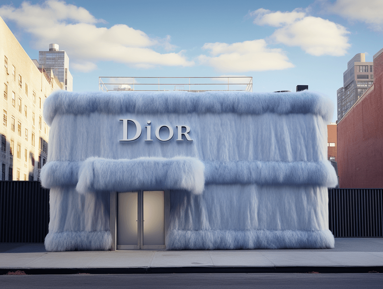 AI generated: Photography of a Dior boutique architecture exterior covered blue fur, photo realism, 8k, --ar 4:3