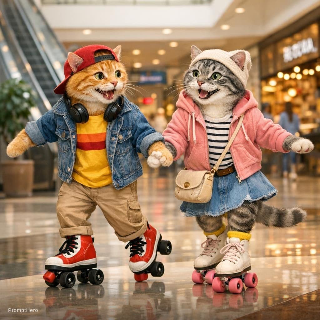 AI generated: 2 cats dressed in human style clothes roller skating in the mall