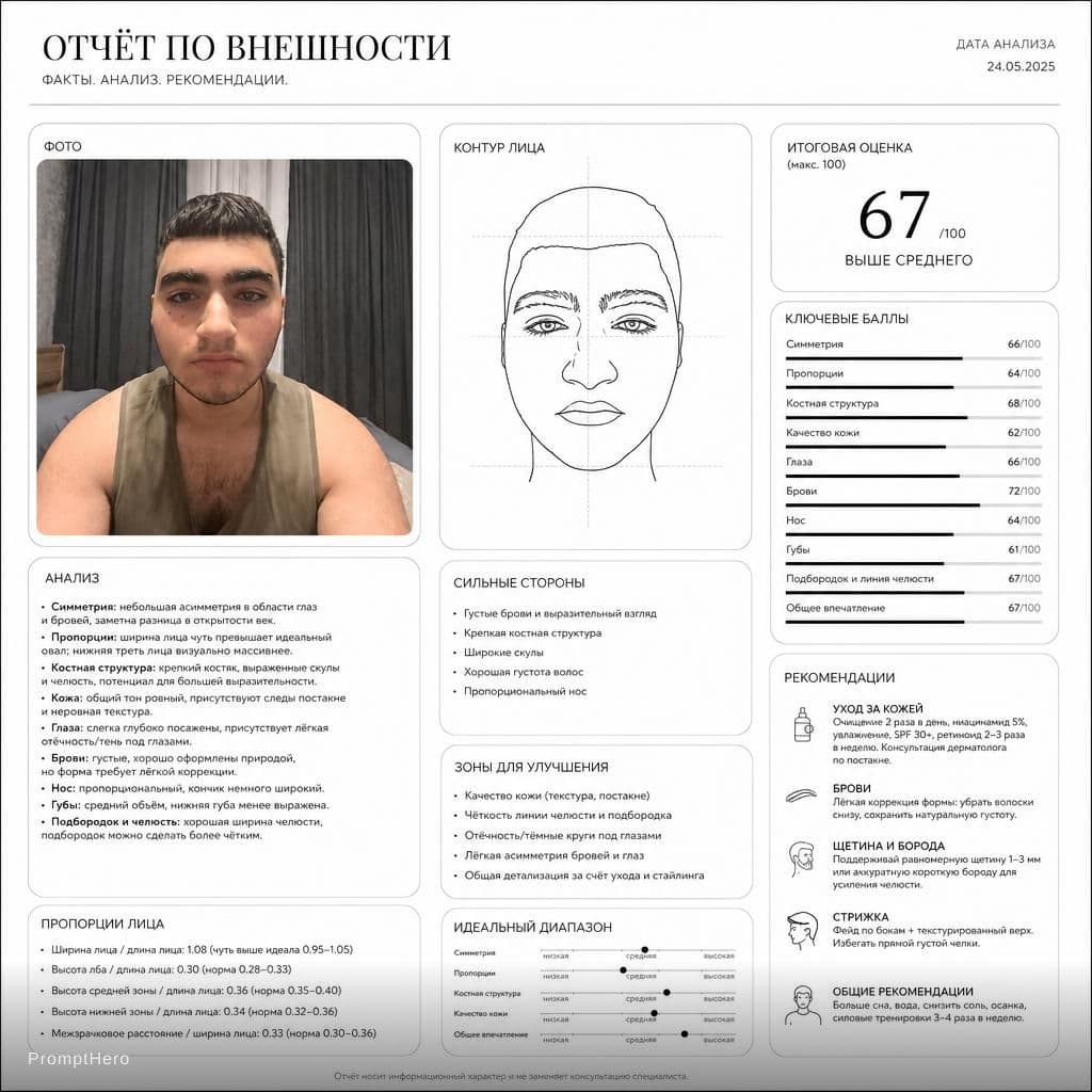 AI generated: Create a clean, minimal, high-end facial beauty report based on this photo. Use a black-on-white des...