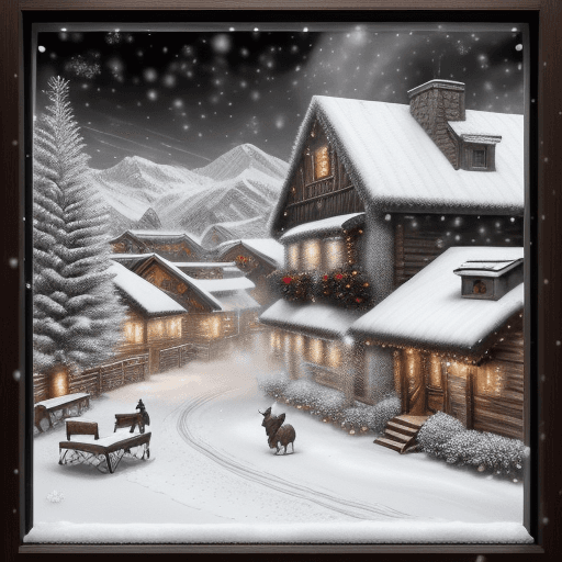 AI generated: snow spray on window pane, xmas mountain village scene, snow spray art, black and white, highly deta...
