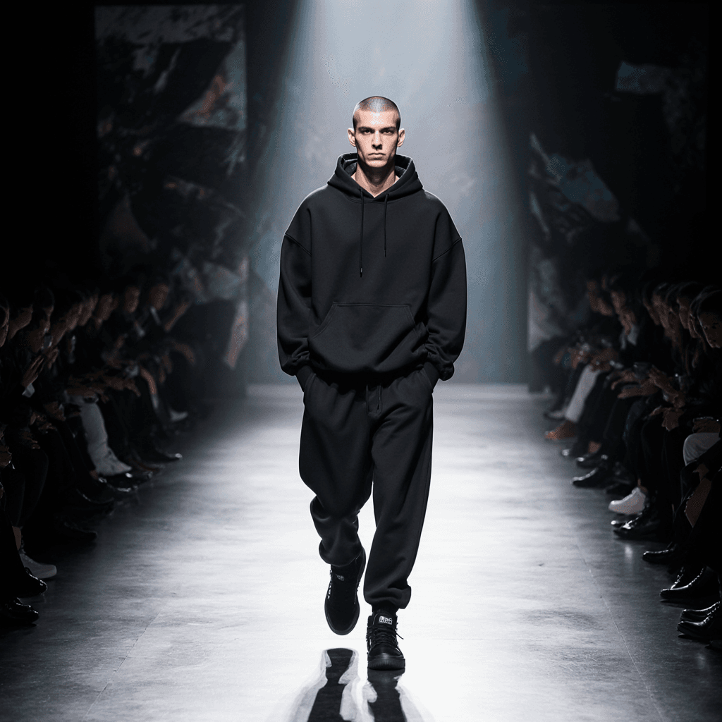 AI generated: Ultra-realistic cinematic fashion photo of a tall male model walking down a dramatic runway, wearing...