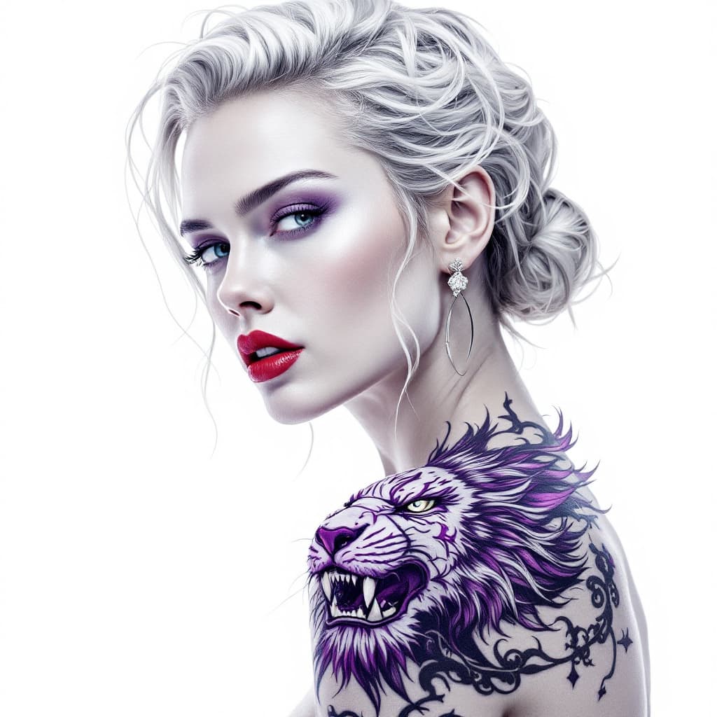AI generated: White background, beautiful portrait of Charlize Theron with Asian features in white and silver colo...