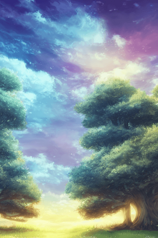 AI generated: cute fantasy anime style landscape twilight sky pastel colors with trees on the back, HD, beautyful,...