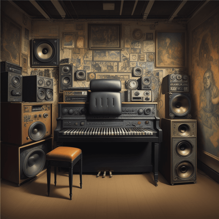 AI generated: music Album cover picture, punk, surreal art, oil picture, radio, speaker, computer, piano, organ, r...