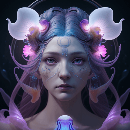 AI generated: Goddess close-up portrait ribcagel. jellyfish phoenix head, nautilus, orchid, skull, betta fish, bio...