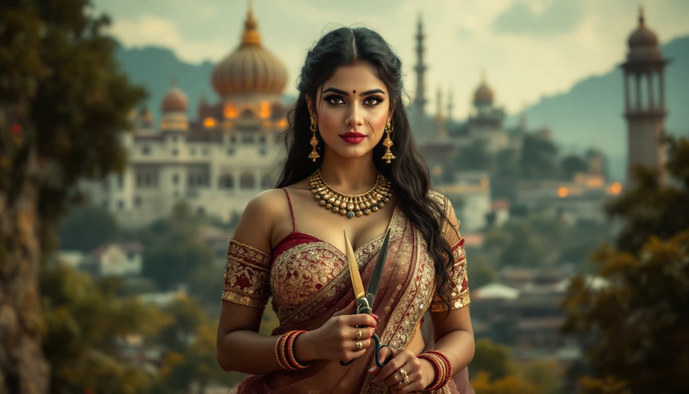 AI generated: An Indian hot lady stands with a bold, attractive expression in a stylish hot pose with scissors in ...