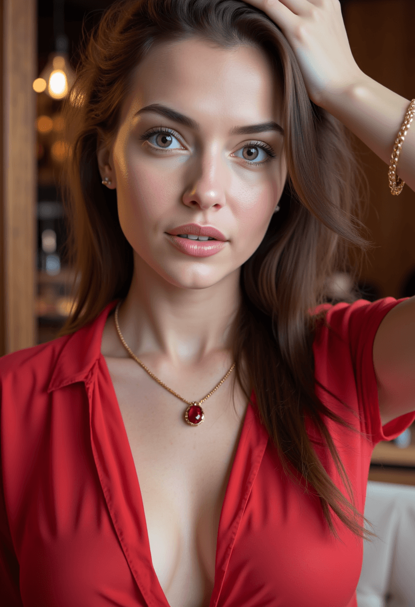 AI generated: A brunette woman with tousled hair and light blue eyes stares intently at the viewer, her hand gentl...