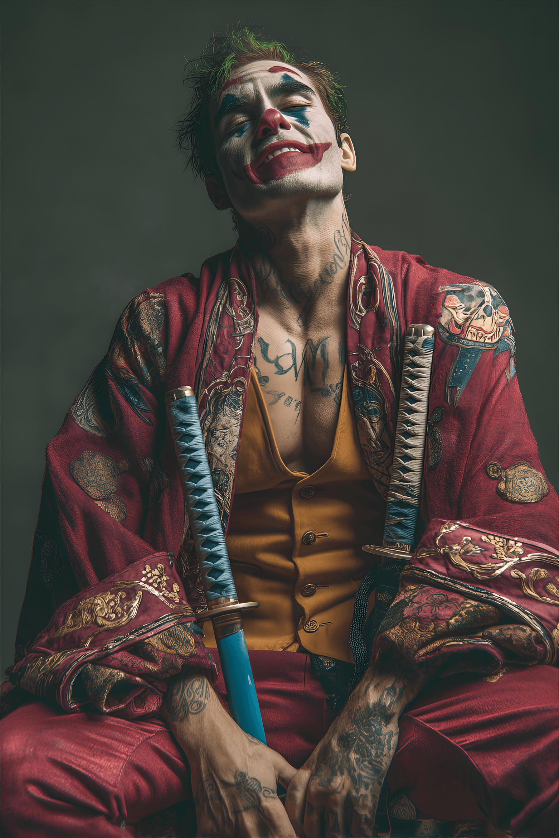 AI generated: Caucasian man, approximately 25-35 years old, portrayed as the Joker, seated, smiling broadly, and l...