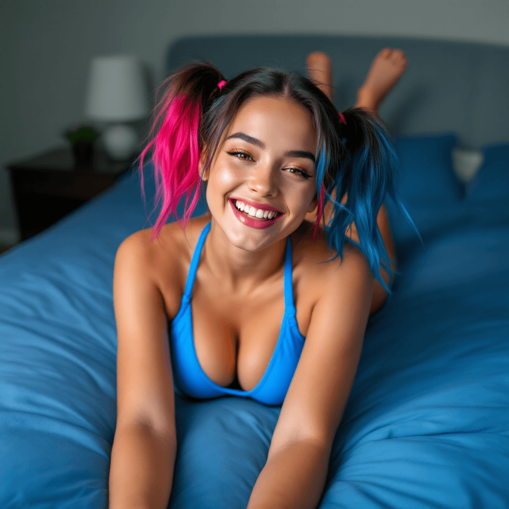 AI generated: The image is a portrait of a young woman woman lying on a bed. She is wearing a blue bikini top and ...