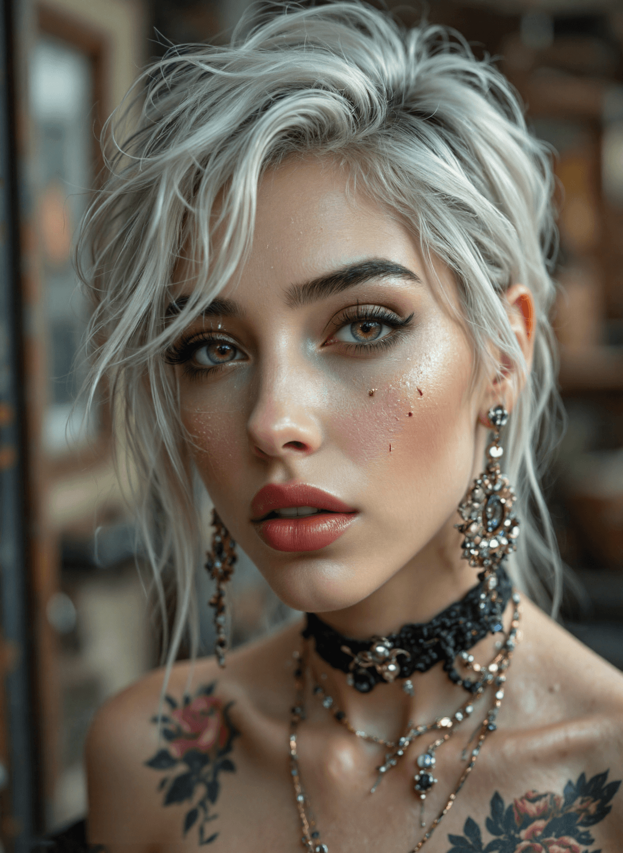 AI generated: The image is a highly detailed portrait of a woman with striking features. The woman has short, spik...