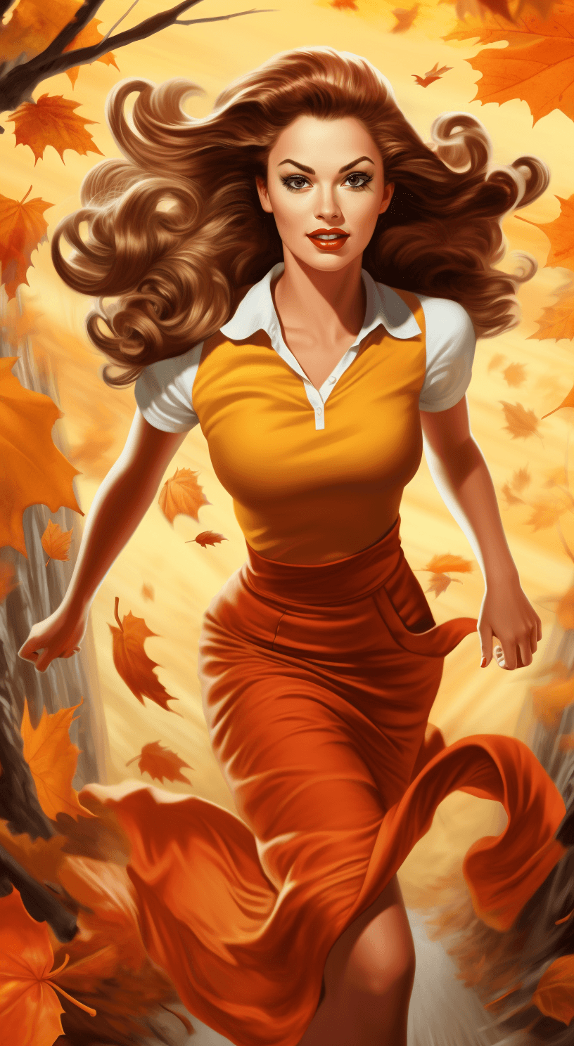 AI generated: An illustration of a woman running through the autumn leaves, in the style of marvel comics, realist...