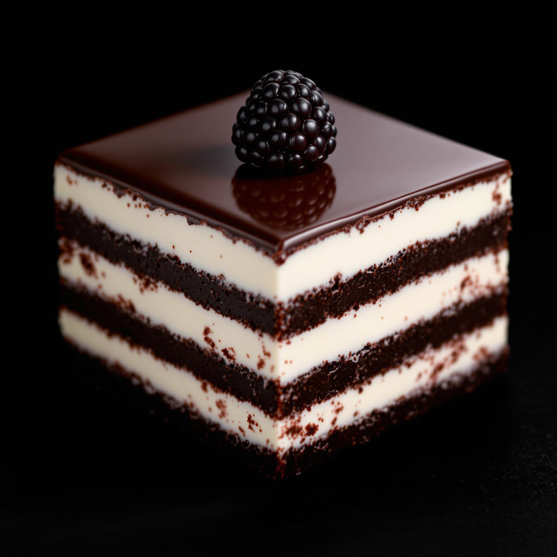 AI generated: The image features a square piece of layered dessert, prominently displayed against a dark, blurred ...
