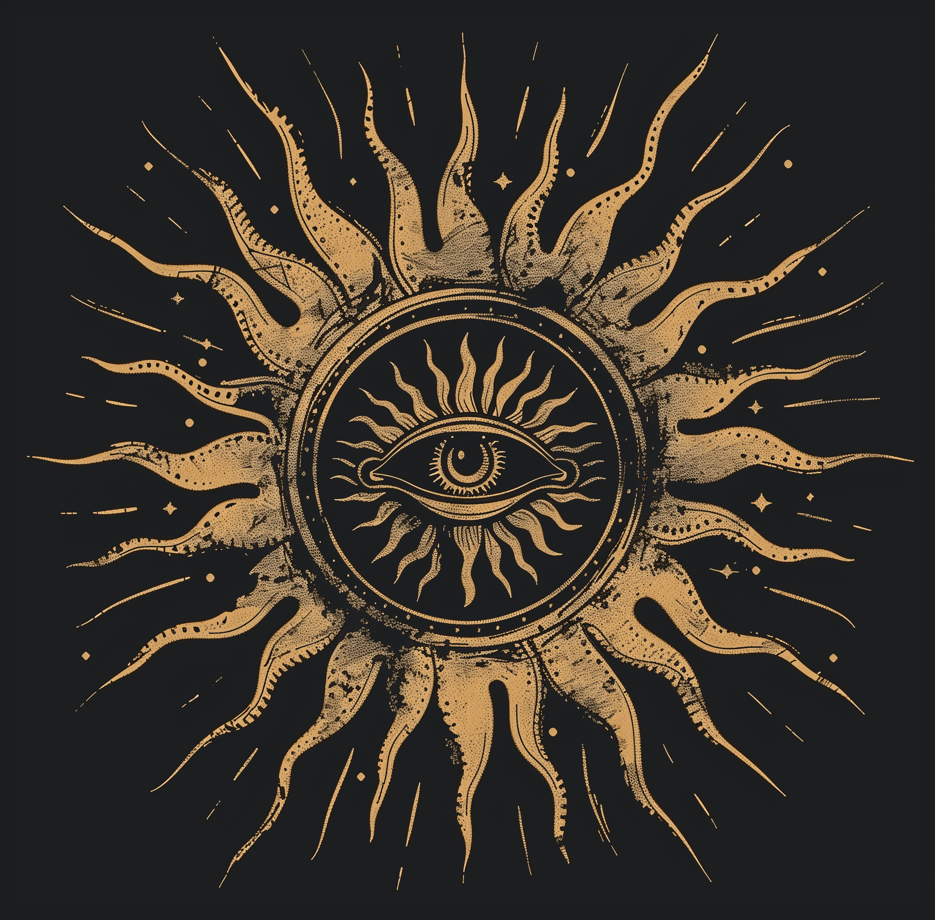 AI generated: In the style of an old medieval woodcut, the sun with arms and eyes is painted on a black background...