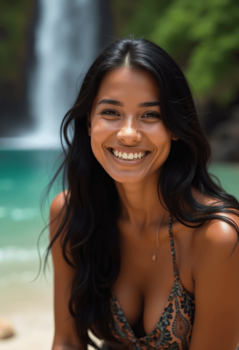 AI generated: close-up photograph of a Hawaiian woman sitting outside on a beautiful day, long black hair, sleevel...