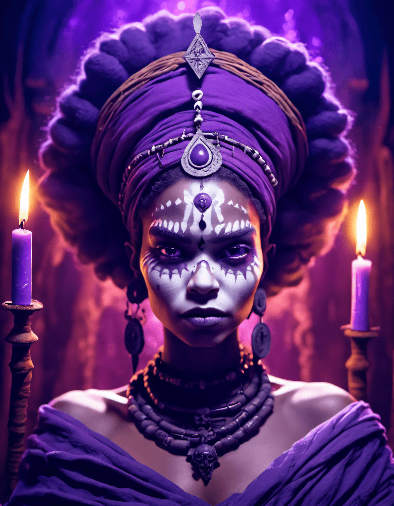 AI generated: Masterpiece, Best Quality, Mysterious voodoo queen portrait , a young woman , . Dark purple lighting...