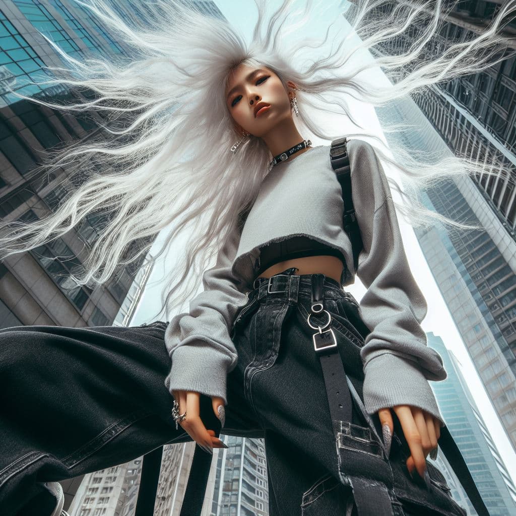 AI generated: urbanpunk, prise de vue en contre-plongée, femme mince et élancée portant des vêtements Chun-li, lon...