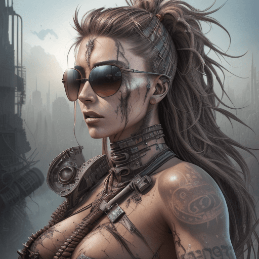 AI generated: a hyper realistic ultra detailed photograph of a futuristic beautiful barbarian woman wearing sungla...