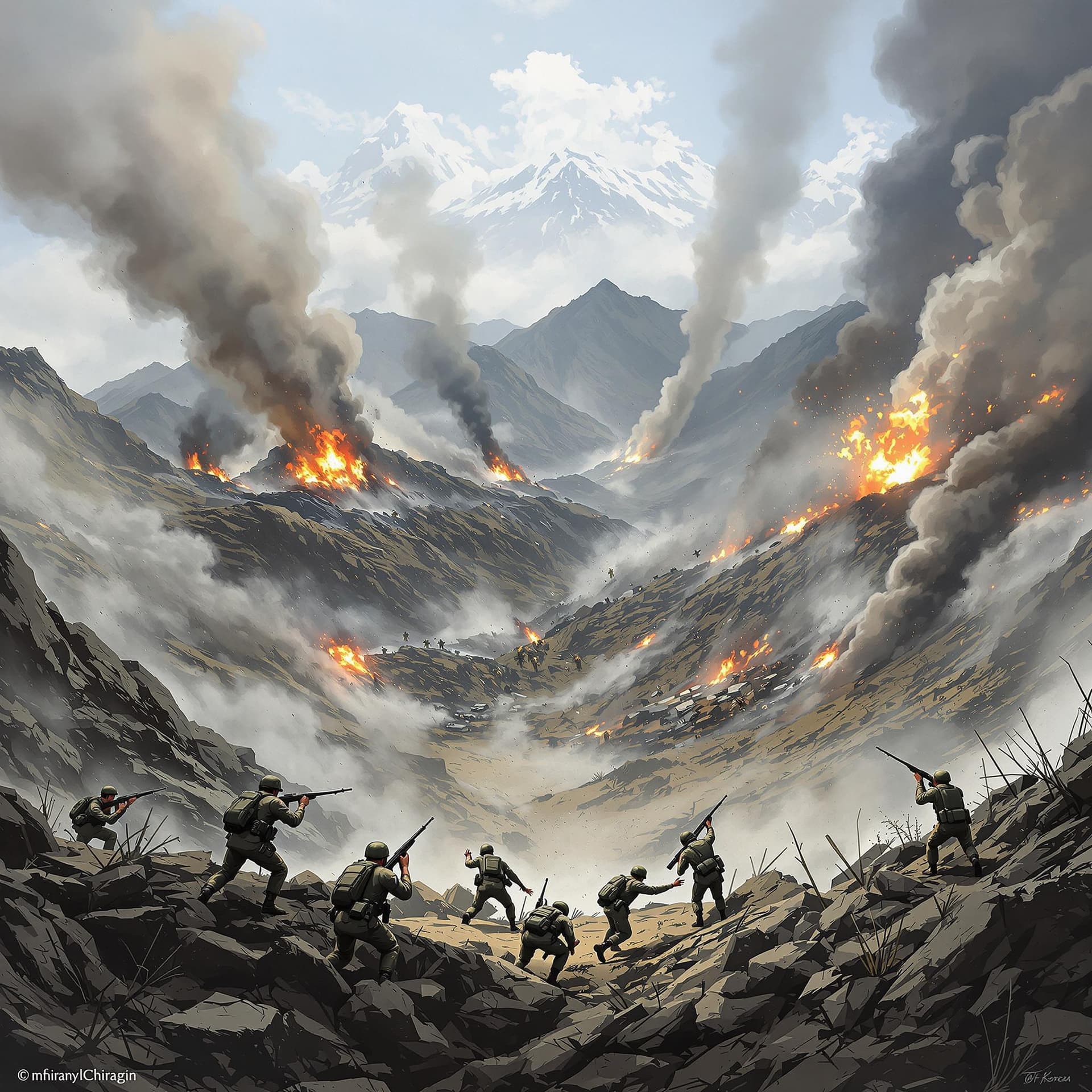 AI generated: Illustrate a high-stakes battle scene from the Korean War, showing U.S. and North Korean forces clas...