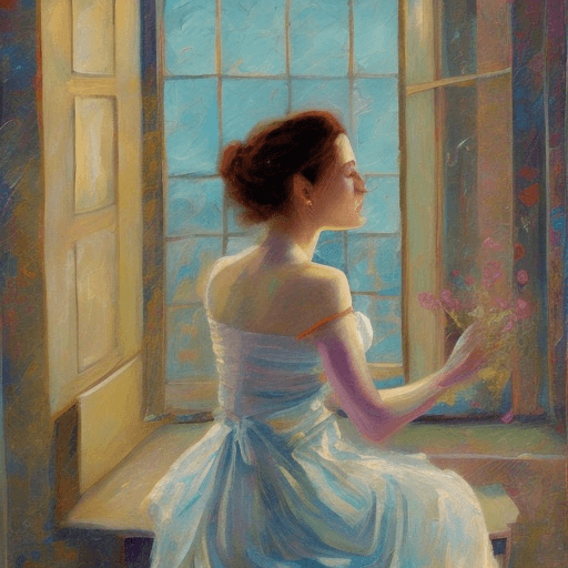 AI generated: a painting of a woman sitting near a window, in the style of beautiful women, playfully intricate, h...