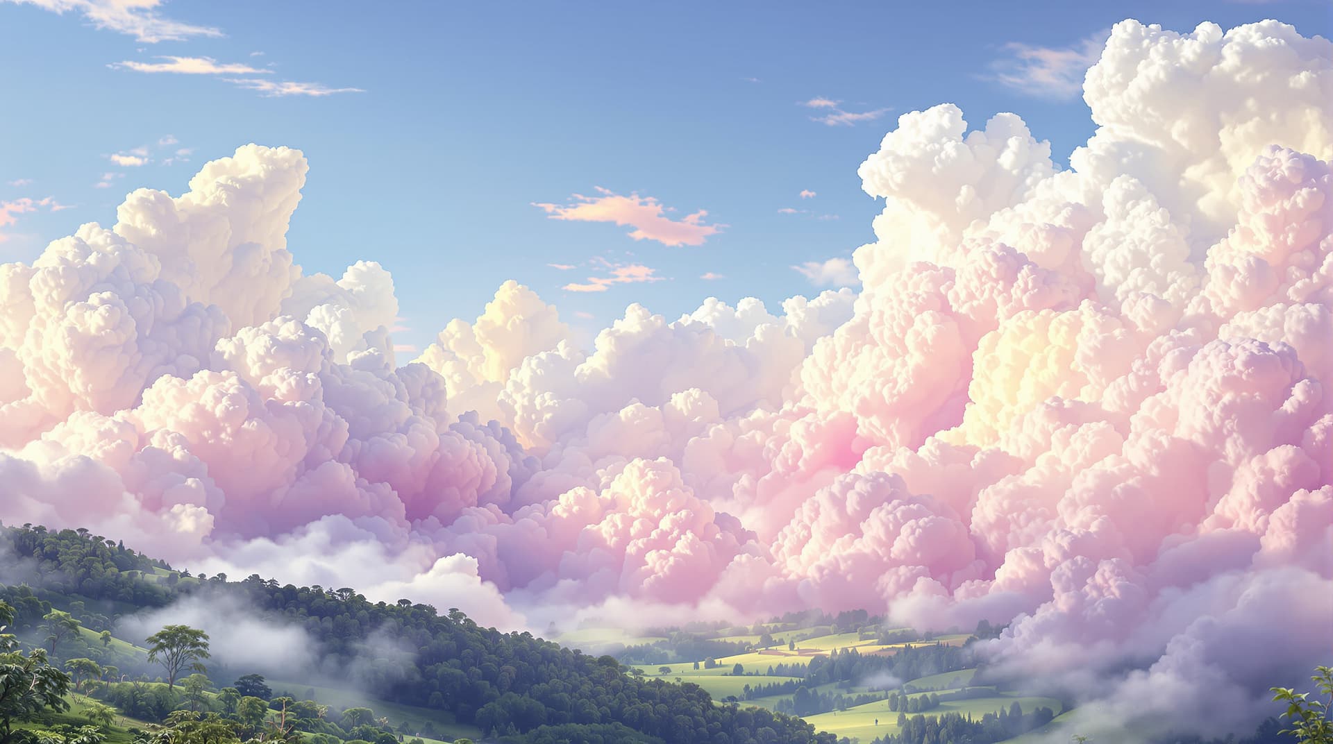 AI generated: A breathtaking surrealism valley landscape, where white clouds graduate into soft hues, greets the v...