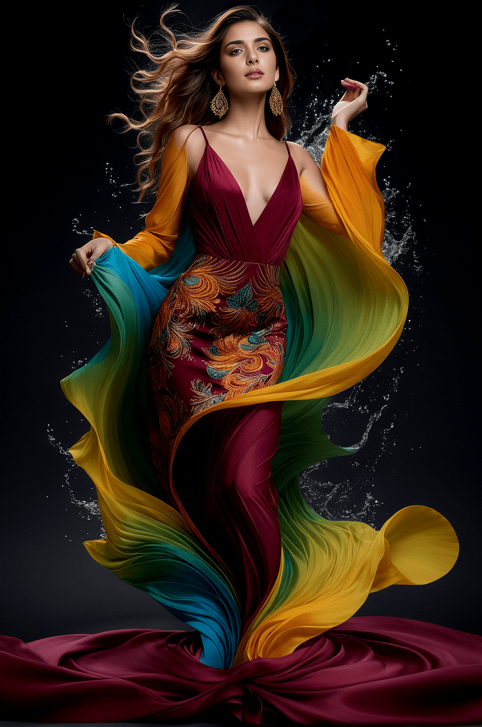 AI generated: Full body of a woman, standing, turn around towards the camera, with a flowing, sculptural hairstyle...