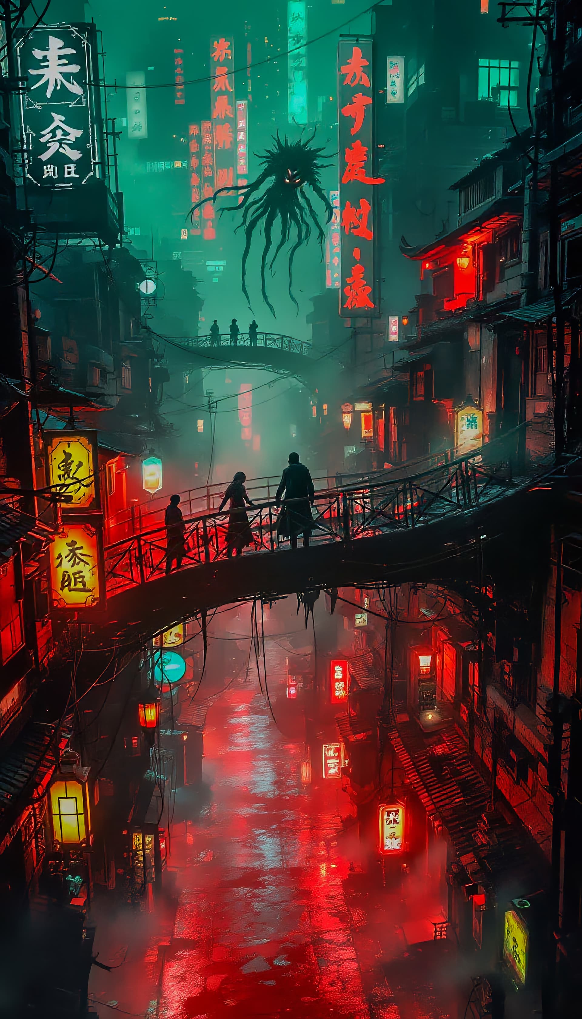 AI generated: From an aerial perspective, an ultra-detailed dystopian city alley at night is bathed in warm, ether...