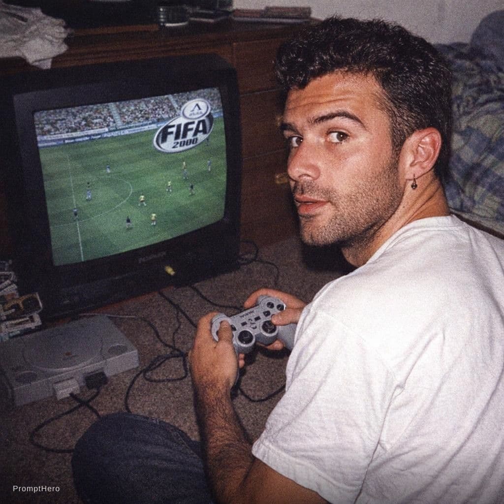 AI generated: Grungy analog photo of Luis Figo circa 2000 playing Fifa 2000 on Playstation 1 on a 90s CRT TV in a ...