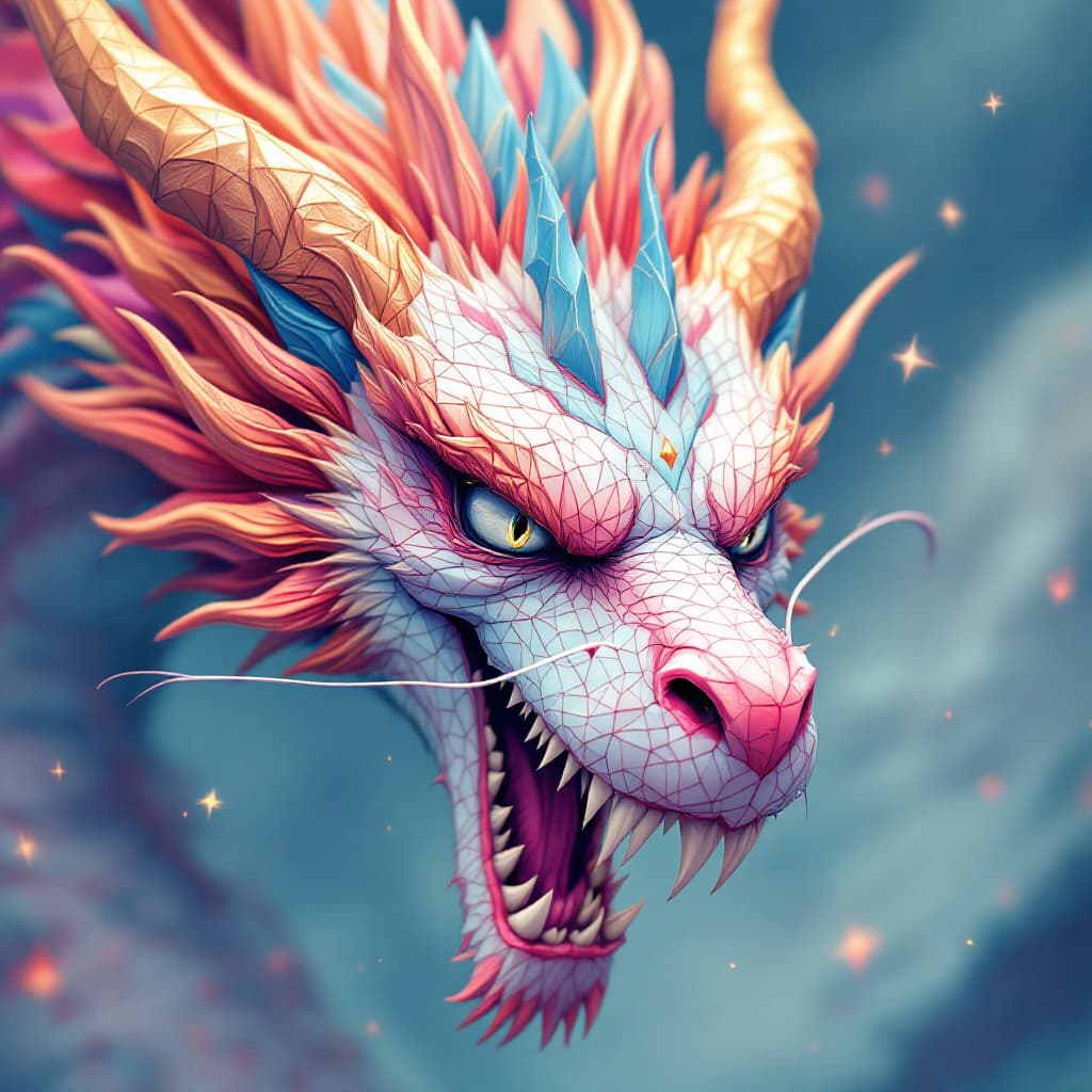 AI generated: A detailed illustration of an evil dragon's face, involving magic, in European dragon style, pastel ...