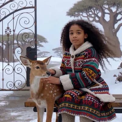 AI generated video: A bizarre African girl with long windswept curls, her skin a warm brown tone and detailed features A...