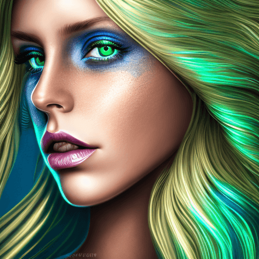 AI generated: front direct view portrait of blond woman head, brown eyes, metalic skin, disappearing into the pati...