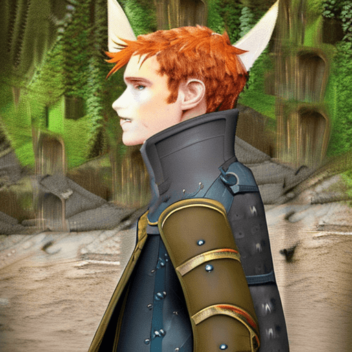 AI generated: Character: Tall, lean, slightly muscular red-haired green-eyed man with fox ears and lush tail in fu...