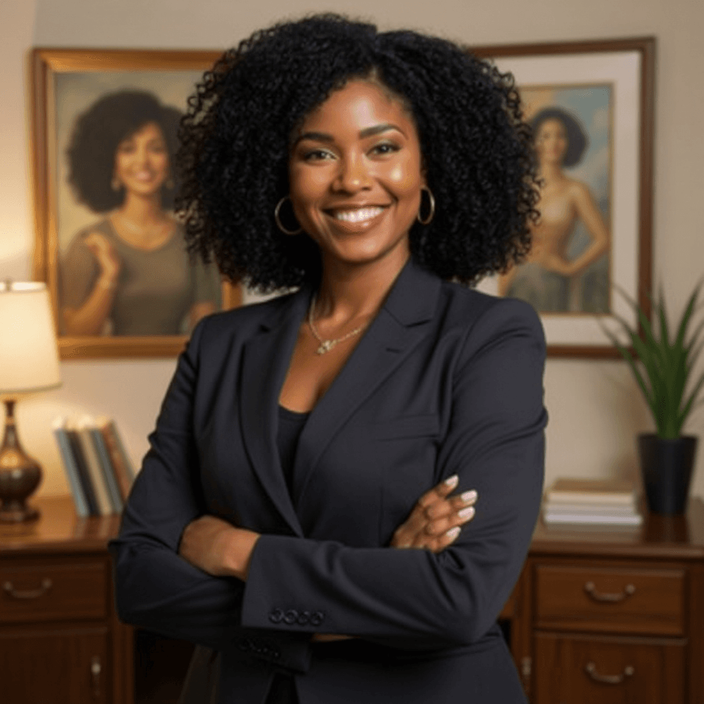 AI generated: A beautiful, medium-sized, dark-skinned woman wearing a business suit with matching accessories stan...