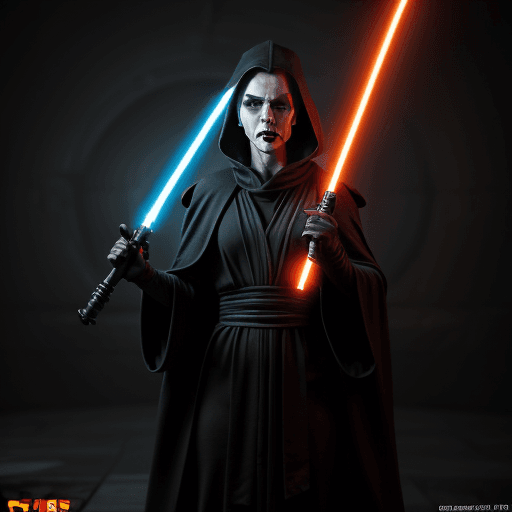 AI generated: Corrupted by evil Rey Skywalker as sith in  Black Sith Robe, black red lips, orange sith eyes from s...