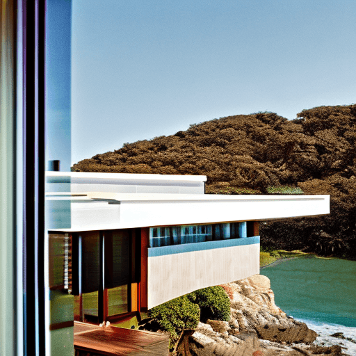 AI generated: Hyper realistic eye level exterior photo of a mid century modern style house overlooking the ocean, ...