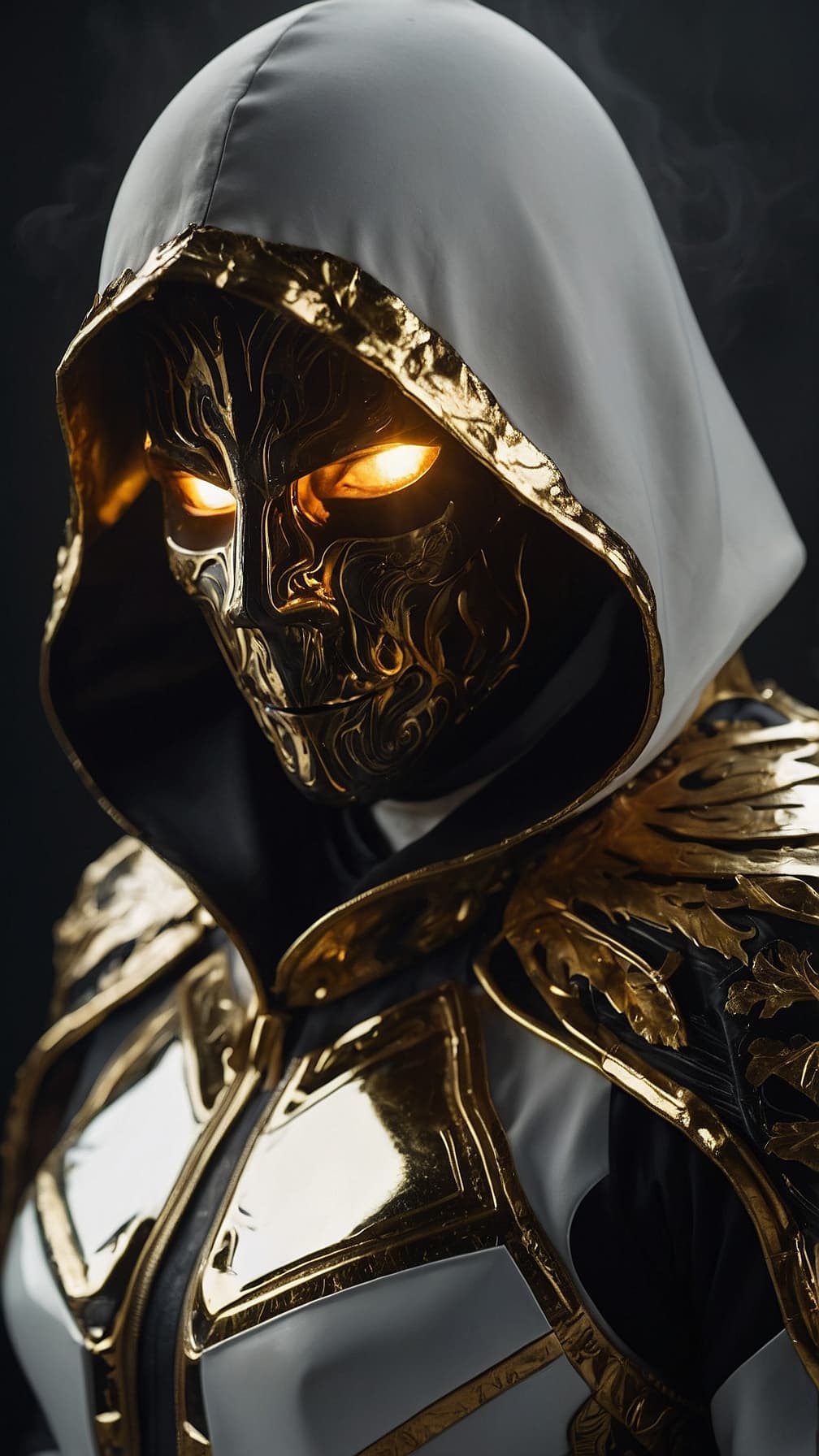AI generated: Dark fantasy, shadow knights, (( white and gold plug suit, black smoke in plug suit) ), (burning eye...